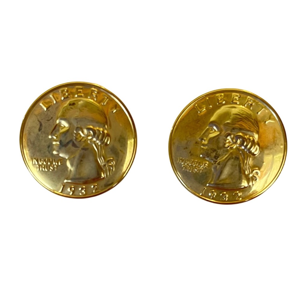 Vintage‎ 1982 Stamped  Quarter Coin Earrings Gold Tone Statement Jewelry